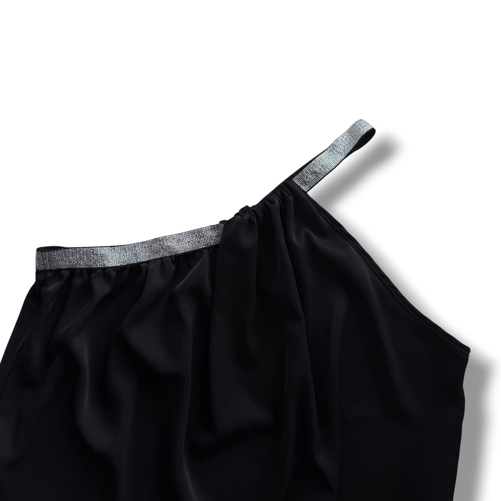 Womens XL Black Asymmetrical Silver Glitter Trim One Shoulder Tank Top Glam Chic